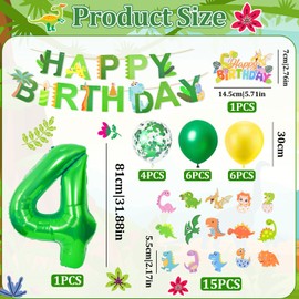 Muyohix Dino Birthday Decoration 4 Years, Pack of 39 Dinosaur Decoration Children's Birthday, XXL Dinosaur Birthday Decoration Boys 4 Years, Balloons Green Yellow for Dinosaur Jungle Party Children's