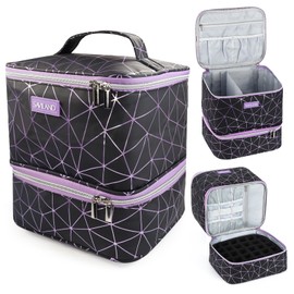 SAVILAND Nail Polish Organizer Bag: PU Leather Nail Kit Organizer Holds 30 Bottles & Nail Lamp, Black Nail Supply Organizer Nail Polish Carrying Case Gel Nail Organizers and Storage Box for Nail Tech