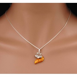 Solid Sterling Silver ~ Natural Baltic Honey Amber FOX Pendant (Optional Necklace)