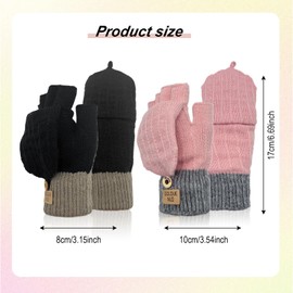FUIPVGI 2 Pairs Fingerless Gloves, Thermal Winter Gloves Women, Fingerless Touch Screen Flip Thermal Fluffy Gloves, Soft Lining, Cable Knit, for Cycling Skiing Hiking (Black, Pink)