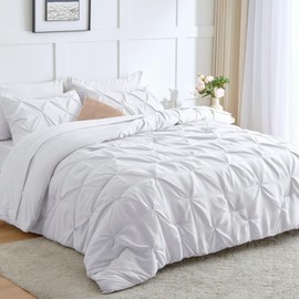 HIMEET- Christmas Comforter Set Queen 7 Pieces White Bedding Pintuck Design White Comforter Set(88"x88") Queen Comforter Set White Pinch Pleated Queen Comforter Set with Sheets,Pillowcases&Shams