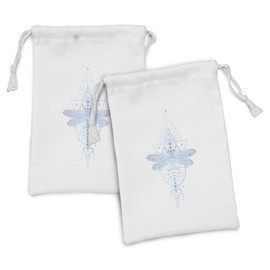 Ambesonne Dragonfly Fabric Pouch Set of 2, Sacred Geometry Shapes Centered Insect on Plain Backdrop Tattoo, Small Drawstring Bag for Toiletries Masks and Favors, 9" x 6", Lavender Blue and White