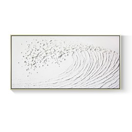 White Hand Painted Oil Painting Wall Art - Large Framed Ocean Waves 3D Textured Home Decor 48x24 Horizontal Canvas Minimalist Artwork Decoration for Living Room Bedroom