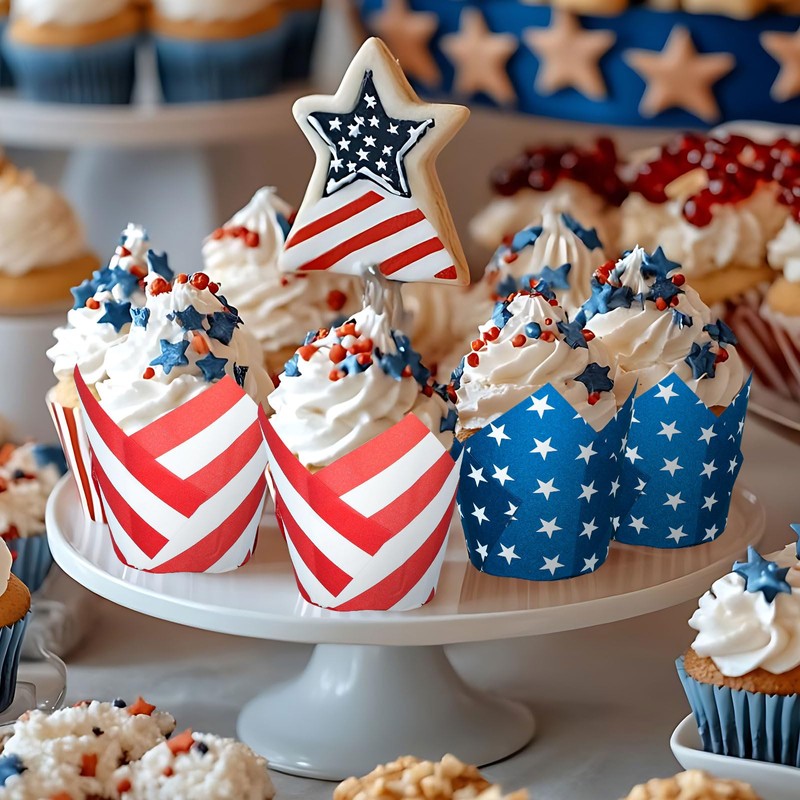 JarThenaAMCS 200Pcs Patriotic July 4th Tulip Cupcake Liners Stars Stripes