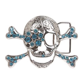 Rhinestone Skull & Crossbones Pirate Belt Buckle, Aquamarine