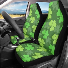Semiouray Cute Clover Pattern Car Accessories Set of 11 Pieces Cartoon Green Lucky Clover Print Car Front Seat Covers Keyring Shoulder Pad Wrist Strap for Women Men
