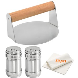 Smash Burger Press Kit - 5.5 in Stainless Steel Burger Press w/Anti-Scald Wood Handle - 2 x Seasoning Bottle - 50 Patty Papers, Round Grill Press for Griddle, BBQ Grilling Accessories