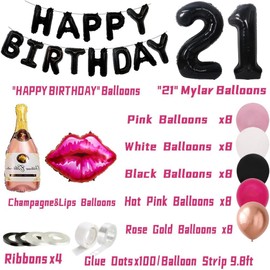MAIGO Black Pink 21st Birthday Decorations - 21st Birthday Decorations for Her, 21st Birthday Banner, 21st Number Birthday Balloons, Happy 21st Birthday Banner, 21st Birthday Party Supplies for Girls