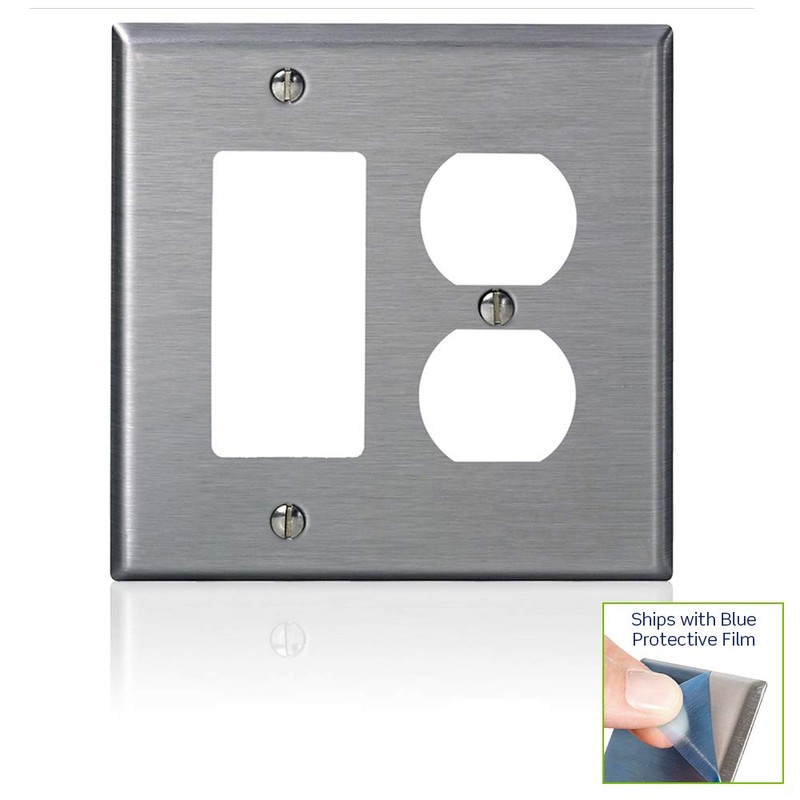 Leviton 2-Gang, 1-Decora, 1-Duplex Receptacle Stainless Steel Midway Wallplate, SJ826-40,