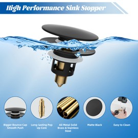Hibbent 2 Pack All Metal Upgraded Bathroom Sink Stopper, Universal Pop Up Sink Drain Strainer, Brass Bullet Core Push Type Sink Stopper for 1.1''~2.3''' Basin, Anti Clogging Drain Filter, Matte Black