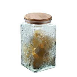 Vintage Glass Airtight Storage Jar, 34 FL OZ Glass Food Storage Containers with Bamboo Wooden Lid, Airtight Cookie Jars for Kitchen Counter, Pantry, Cookie, Coffee, Tea, Sugar (Square, Sunflower)