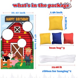 Farm Red Barn Barnyard Animals Happy Birthday Toss Games Banner Backdrop Cow Pig Chicken Farm Theme Decor Decorations for Boy Girl Birthday Party Baby Shower Farm Party Supplies Photo Booth Props
