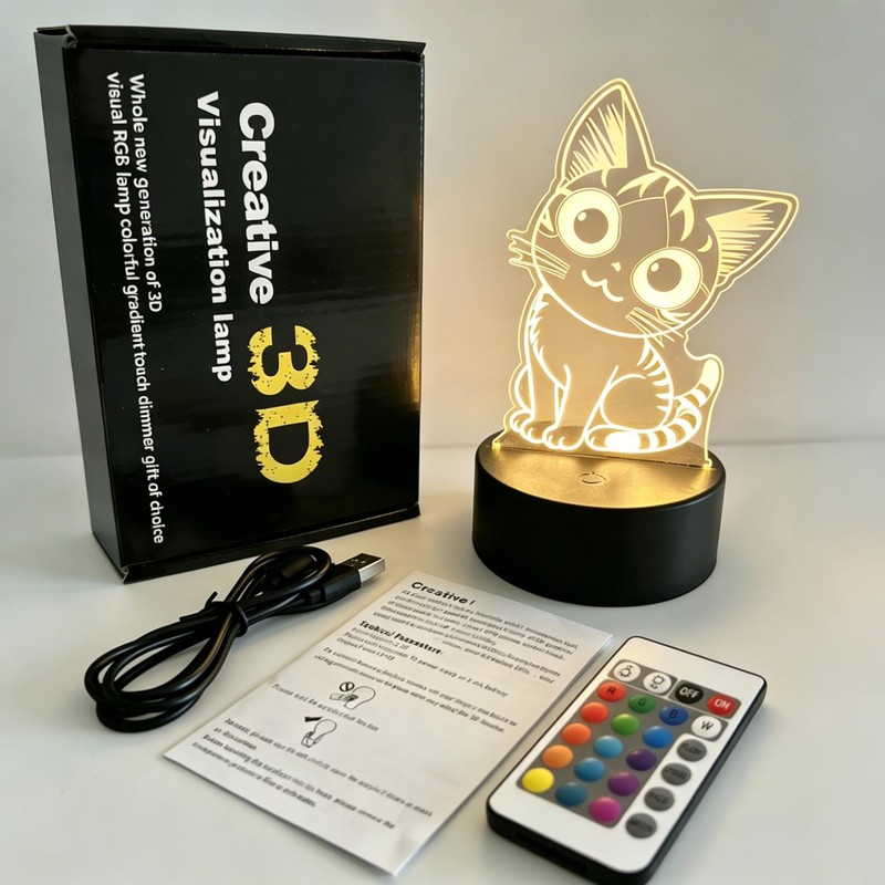 Lumipallas Cat Night Light Remote Control, Kitty Cute 3D Illusion