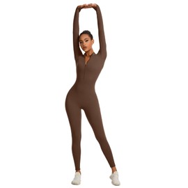 speerise Women Long Sleeve Bodycon Romper Bodysuit Jumpsuit Zip Front Tummy Control Slimming Yoga Fitness Workout Wear,Brown,XL