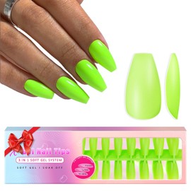 KQueenest Neon Green Gel Nail Tips - 300 Pcs Long Coffin Press on Nails Kit, Pre-Applied Tip Primer Acrylic Fake Nail Tips, Vibrant Pre-Colored Ballerina Gel Tip Nails Extensions for DIY 15 Sizes