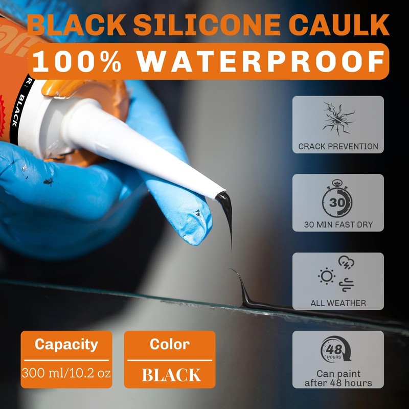WELLUCK Black Silicone Caulk, 100% Waterproof Silicone Sealant Adhesive Caulking,for