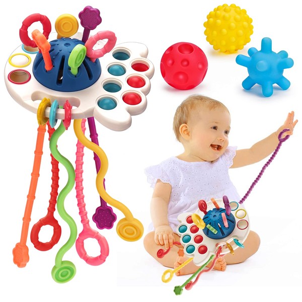 Montessori Pull String Toys for Babies 0-6 6-12 Months Baby Sensory Toys Balls Toddler Travel Infant Toys 9 10 12-18 Month Teethers Developmental Fine Motor Skills Toys for 1 2 Year Old