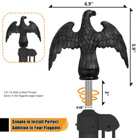 FRF FLAG Black Eagle Head for Decorating Outdoor Flagpoles, Made of Zinc Alloy that is Unbreakable, Eagle Flag Pole Topper 1/2"-13UNC Threading Fit 20/25/30Ft FlagPole…