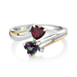 Gem Stone King 925 Silver and 10K Yellow Gold Red Rhodolite Garnet Green Mystic Topaz and White Lab Grown Diamond 2 Heart Promise Couple Engagement Mother Ring (1.17 Cttw, Size 7)