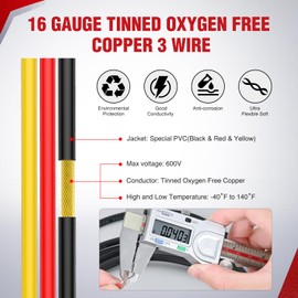 Nilight 100FT 16 Gauge 3 Conductor Electrical Wire Tinned Oxygen Free Copper Wire Red Black Yellow 3 Wire Parallel 600V DC Flexible PVC Case Extension Cords for LED Strips Lamps Lighting