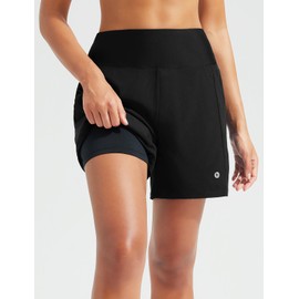 BALEAF Women's Swim Shorts High Waisted with Zip Pokcets Drawstring Liner Swimming Board Shorts 5'' Black M