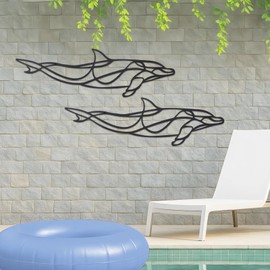 2 PCS Metal Dolphin Wall Decor, Abstract Line Dolphin Art, Nautical Room Art with Anti-Rust Coating for Coastal-Themed Interiors, Fish Home Decor Indoor Outdoor, 15.7 x 4.9 in