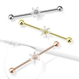 PiercedOff Industrial Bar with Clear CZ Petal Flower - Length 38mm Thickness 1.6mm (14GA)