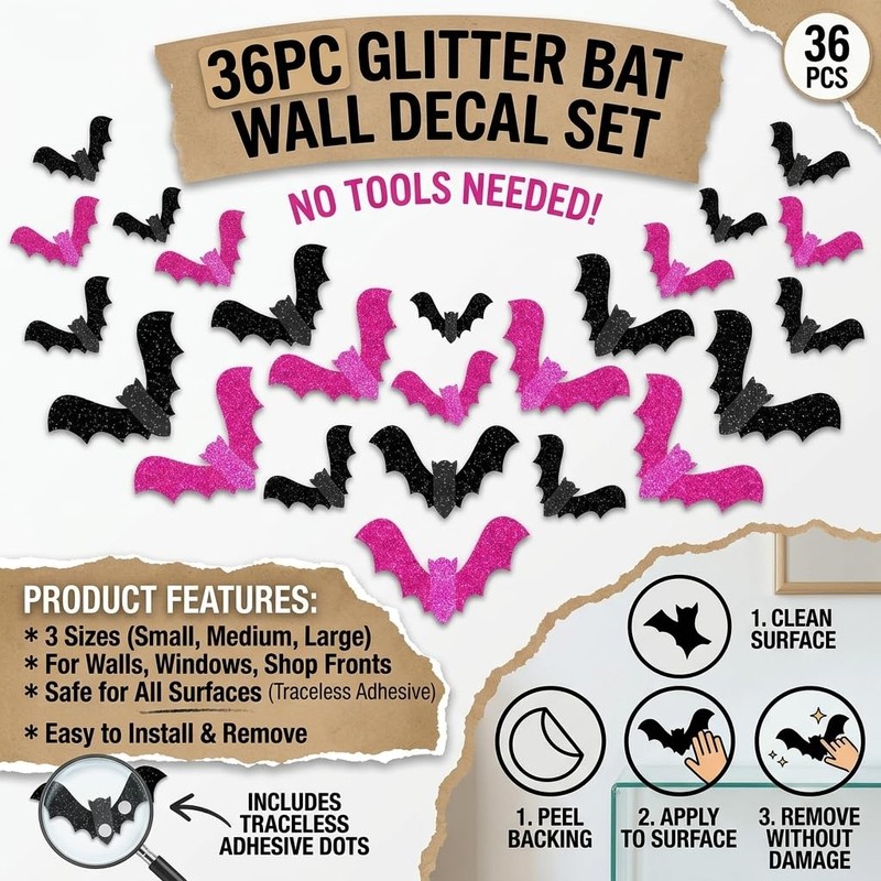 36PCS 3D Pink Glitter Parper Bat Wall Decals Halloween Decorations