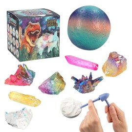 Depesche 12156 Dino World Galaxy Excavation Set for Children, Colourful Ball with 3 Gemstones, Includes Hammer, Chisel and Brush