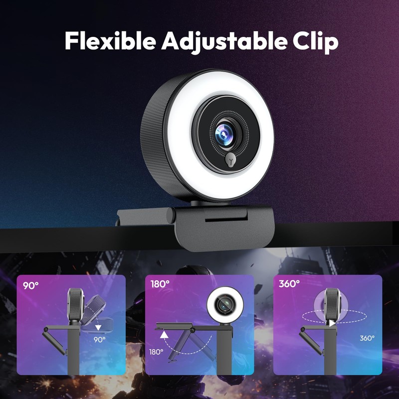 Angetube 4K Webcam with Ring Light, Computer Web Camera for
