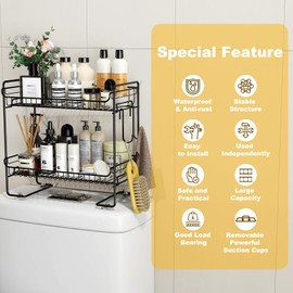 Johamoo Over The Toilet Storage, 2-Tier Bathroom Organizer Shelves, Multifunctional Bathroom Storage Rack with 4 Sucktion Cup, No Drilling Space Saver with Hooks, Upgrade Non-Adhesive, Black