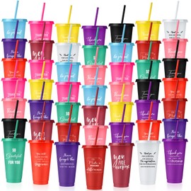 Nuenen 50 Pcs Employee Appreciation Tumbler with Straw and Lid Bulk 24oz Thank You Cup Graduation Gift Water Bottle Plastic Tumbler Inspirational Travel Mugs for Coworker Friend(Chic Style)