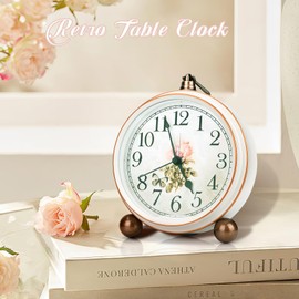 JUSTUP Retro Table Clock, American Countryside Vintage Nostalgic Alarm, Creative Silent Desk Clock Ornament, Desk & Shelf Decor Desktop Clock for Home Bedroom Bedside (White)