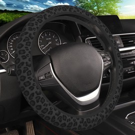 KARREAL Black Leopard Print Cheetah Elastic Steering Wheel Cover, Non-slip Breathable Neoprene Steering Wheel Covers, Women Leopard Car Accessories, Universal 15 Inch Fit Auto, Suvs, Truck