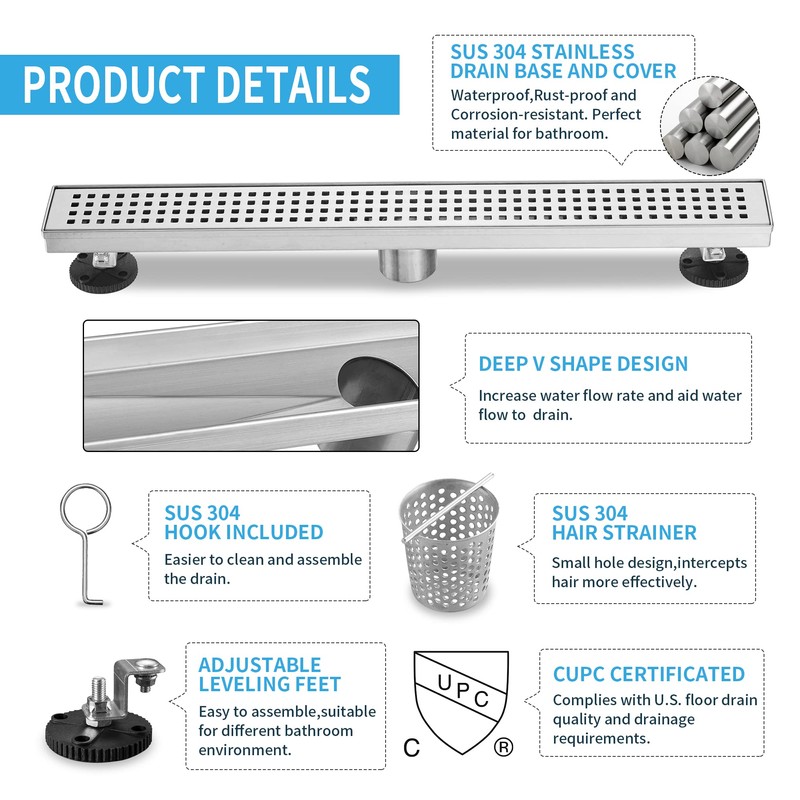 BAUNVB Linear Shower Drain 28 Inch Rectangular, Brushed Nickel SUS-304