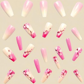 Coffin Press on Nails Medium Fake Nails with Flower Designs Spring Nails Press ons Glossy Glue on Nails Pink False Nails Gradient Acrylic Nails Cute Stick on Nails for Women 24Pcs