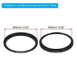 PATIKIL 58mm-62mm Metal Step Up Ring with Cleaning Cloth, 2 Pack Camera Lens Filter Adapter Ring Aluminum Filter Adapter Ring for Camera Lenses Hood, Black