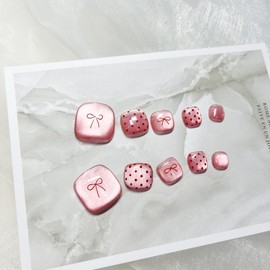 [Handmade Nail Tips] Summer Daily Pedi Tips Pink Ribbon - Be sure to write in the request / [수제 네일팁] 여름 데일리 페디팁  핑크 리본 - 요청사항에 꼭 작성 해 주세요