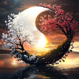 MXJSUA Diamond Painting Adults, Yin Yang Flower Trees, Diamond Painting Pictures, 30 x 30 cm, 5D Diamond Painting, Suitable as a Gift, for Relaxation and as a Wall Decoration
