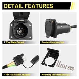 Oyviny 4-Pin to 7-Way Round Blade Trailer Adapter W/Mounting Bracket, 4 Way Flat to 7-Way Blade Reverse Wiring Harness Connector, 16AWG Copper Wire Trailer Light Plug for RV Truck Factory Tow Package