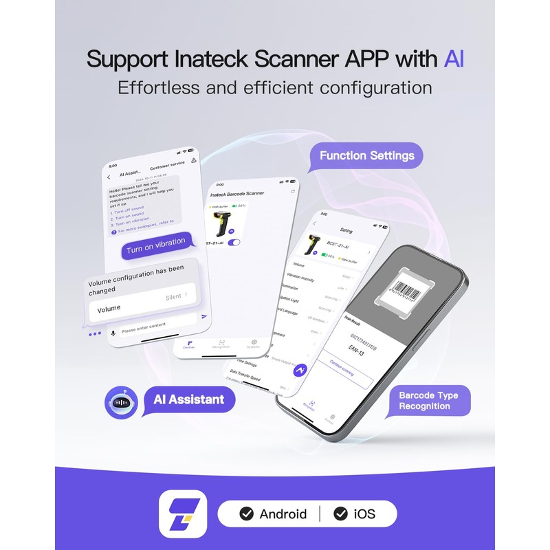 Inateck AI Barcode Scanner Bluetooth, 1D Handheld Scanner Wireless, Handheld