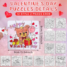 Realspring 24 Pack Color Your Own Jigsaw Puzzles for Kids Valentine's Day Coloring Puzzles DIY Paper Jigsaw Party Favors Gifts Exchange Classroom Activities Educational Game Toy