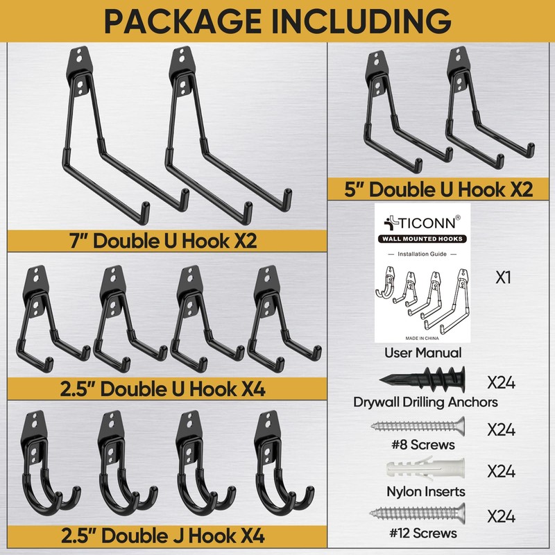 TICONN 12 Pack Heavy Duty Garage Hooks, Steel Utility Wall