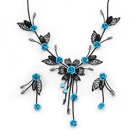 Avalaya Delicate Y-Shape Blue Rose Motif Necklace & Drop Earring Set In Black Tone Metal/36cm L/6cm Ext