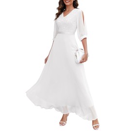 Wedtrend Evening Dress, Elegant for Wedding, V-Neck Chiffon Cocktail Dress, Women's Long Prom Dress with Split Sleeves, Half Sleeve Lace Dress with Sequins, White