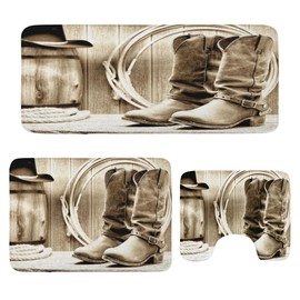 Ambesonne Western Bathroom Rug Set 3 Pieces, American West Themed Photograph Focused on Boots in Front of Cask Composition, Plush 2 Rectangular Floor Mats & a U-Shape Toilet Mat, Sepia and Beige