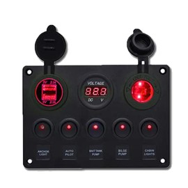 Riloer 5 Gang Rocker Switch Panel Display Dual USB Charger Port DC, Toggle LED Switch Panel Digital Voltmeter, Waterproof for 12-24V Vehicles Truck Marine RV Boat Car, Blue Light