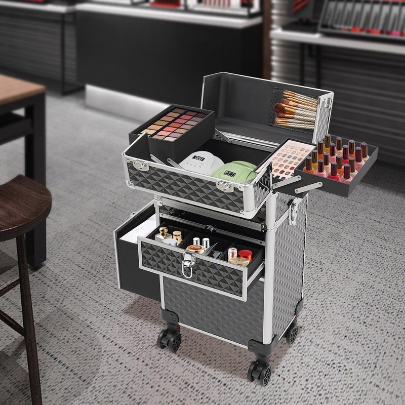 HAPPCUCOE Rolling Makeup Train Case, Travel Suitcase Makeup Trolley Makeup