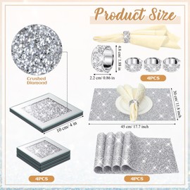 Dandat 12 Pcs Silver Napkin Rings Silver Rhinestone Placemat Glass Mirrored Coaster Set Includes 4 Circle Placemats 4 Glass Coasters 4 Napkin Holder for Dinning Table Wedding Banquets(Square)