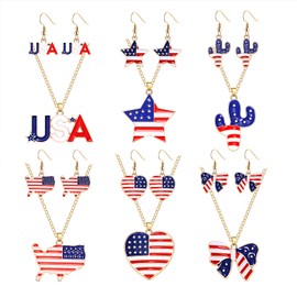 4 th of July Earrings Necklaces Bulk Red Blue White Cute American Flag Star Dangle Earrings Patriotic USA Heart Charm Pendant Necklace Earrings Jewelry Set for Women Independence Day Holiday Gift